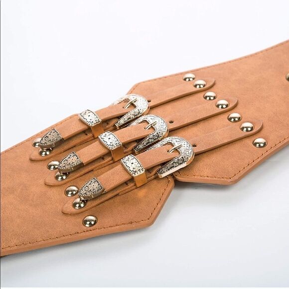 Leather Triple Buckle Western Belt Retro Buckle Strap Belt - Picture 2 of 7